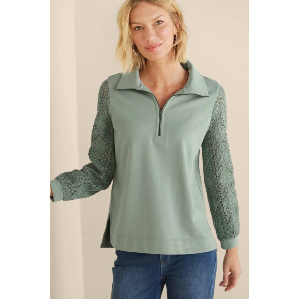 Soft Surroundings Pullover Women L Sage Green Crochet Lace Sleeve Quarter Zip
